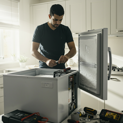 فني صيانة ديب فريزر بيكو المُعتمد يُجري إصلاحًا باستخدام قطع غيار أصلية وأدوات متخصصة، مع ظهور رقم الخط الساخن بيكو 19224 لطلب خدمة صيانة فورية في جميع أنحاء مصر.