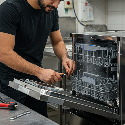 فني صيانة غسالات بيكو المُعتمد يُجري إصلاحًا دقيقًا باستخدام قطع غيار أصلية، مع ظهور رقم الخط الساخن بيكو 19224 لطلب خدمة سريعة في مصر.