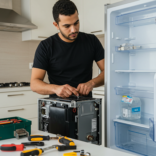 فني صيانة ثلاجات بيكو المُعتمد يُجري إصلاحًا لثلاجة باستخدام قطع غيار أصلية وأدوات احترافية، مع ظهور رقم الخط الساخن بيكو 19224 لطلب خدمة صيانة سريعة وآمنة في جميع أنحاء مصر.