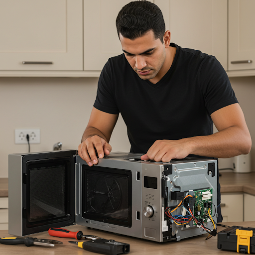 فني صيانة ميكروويف بيكو المُعتمد يُجري إصلاحًا دقيقًا باستخدام قطع غيار أصلية وأدوات احترافية، مع ظهور رقم الخط الساخن بيكو 19224 لطلب خدمة صيانة سريعة وآمنة في جميع أنحاء مصر.
