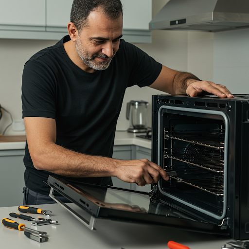 فني صيانة افران بيكو المُعتمد يُجري إصلاحًا لفرن مطبخي باستخدام قطع غيار أصلية، مع ظهور رقم الخط الساخن بيكو 19224 لطلب خدمة صيانة فورية في جميع أنحاء مصر.