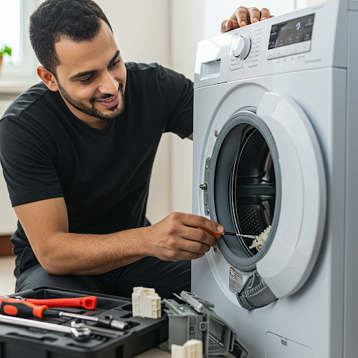 فني صيانة غسالات بيكو المُعتمد يُجري إصلاحًا دقيقًا باستخدام قطع غيار أصلية، مع ظهور رقم الخط الساخن بيكو 19224 لطلب خدمة سريعة في مصر.